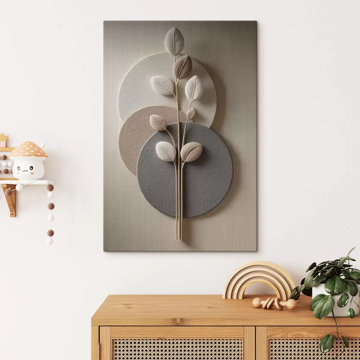 Tableau Cercles en relief et branche dans des tons neutres chauds s45883