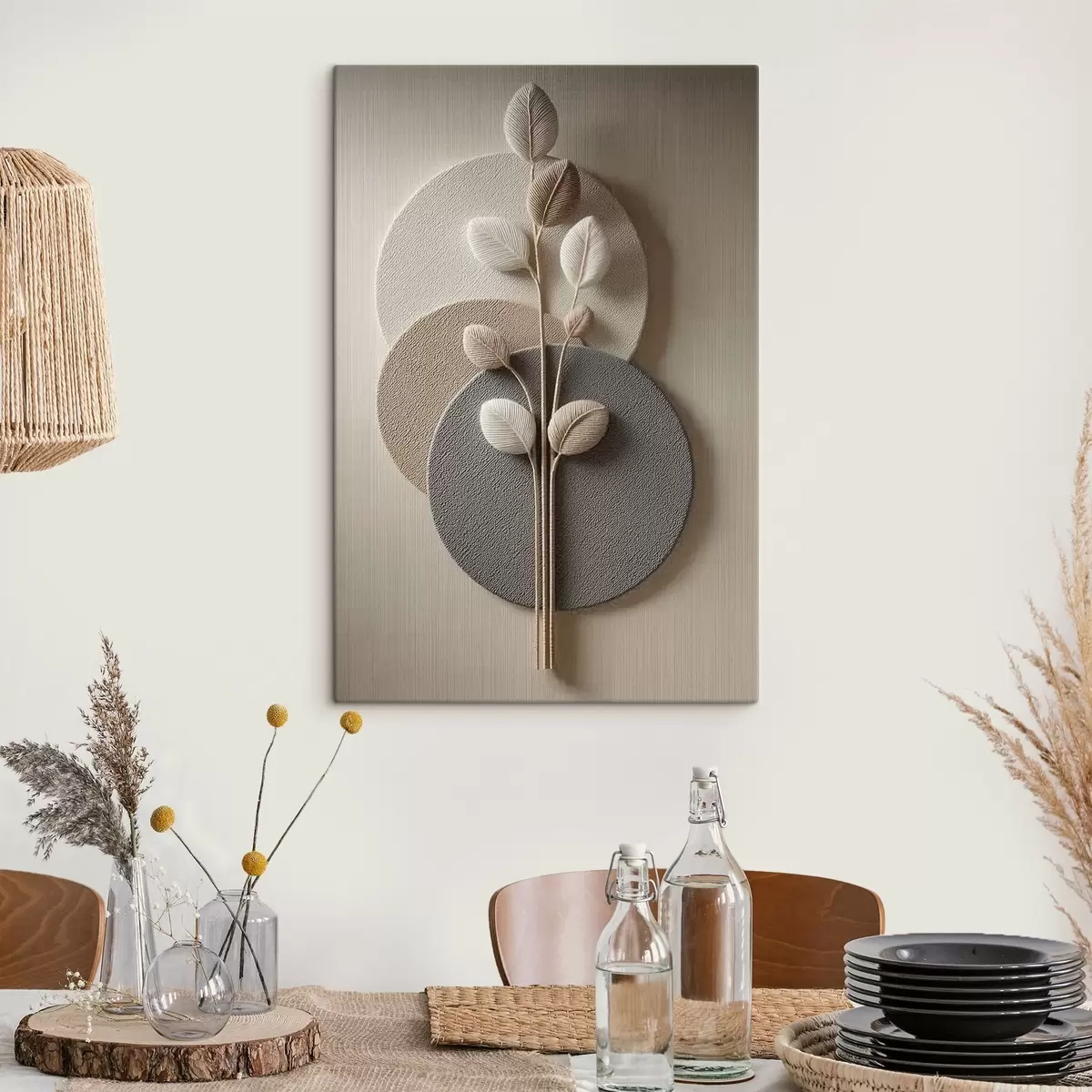 Tableau Cercles en relief et branche dans des tons neutres chauds s45883
