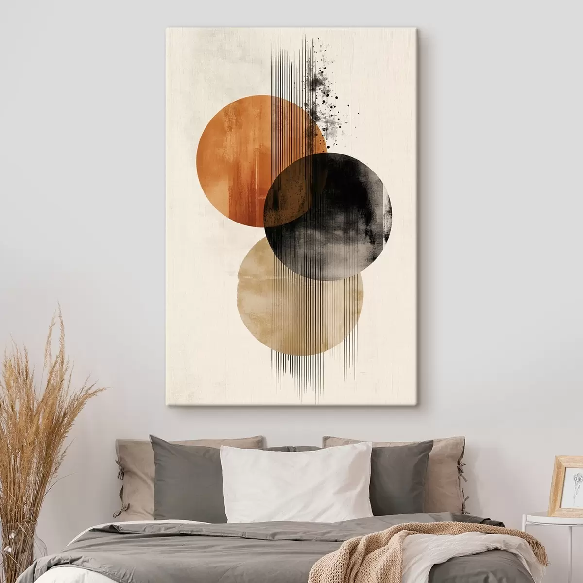 Tableau Trois cercles texturés avec des lignes dans une palette de couleurs terre cuite et noir s45885