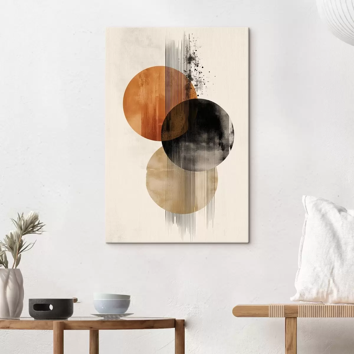 Tableau Trois cercles texturés avec des lignes dans une palette de couleurs terre cuite et noir s45885