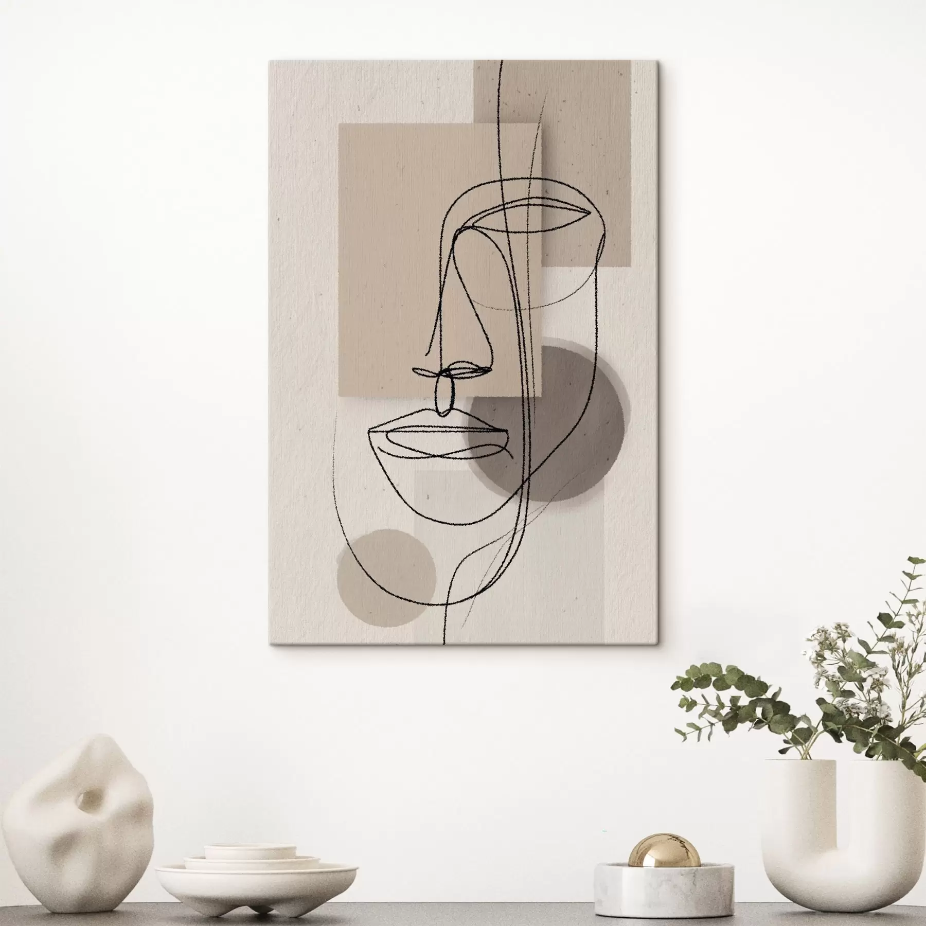 Tableau Portrait en ligne sur des formes géométriques beiges s45886