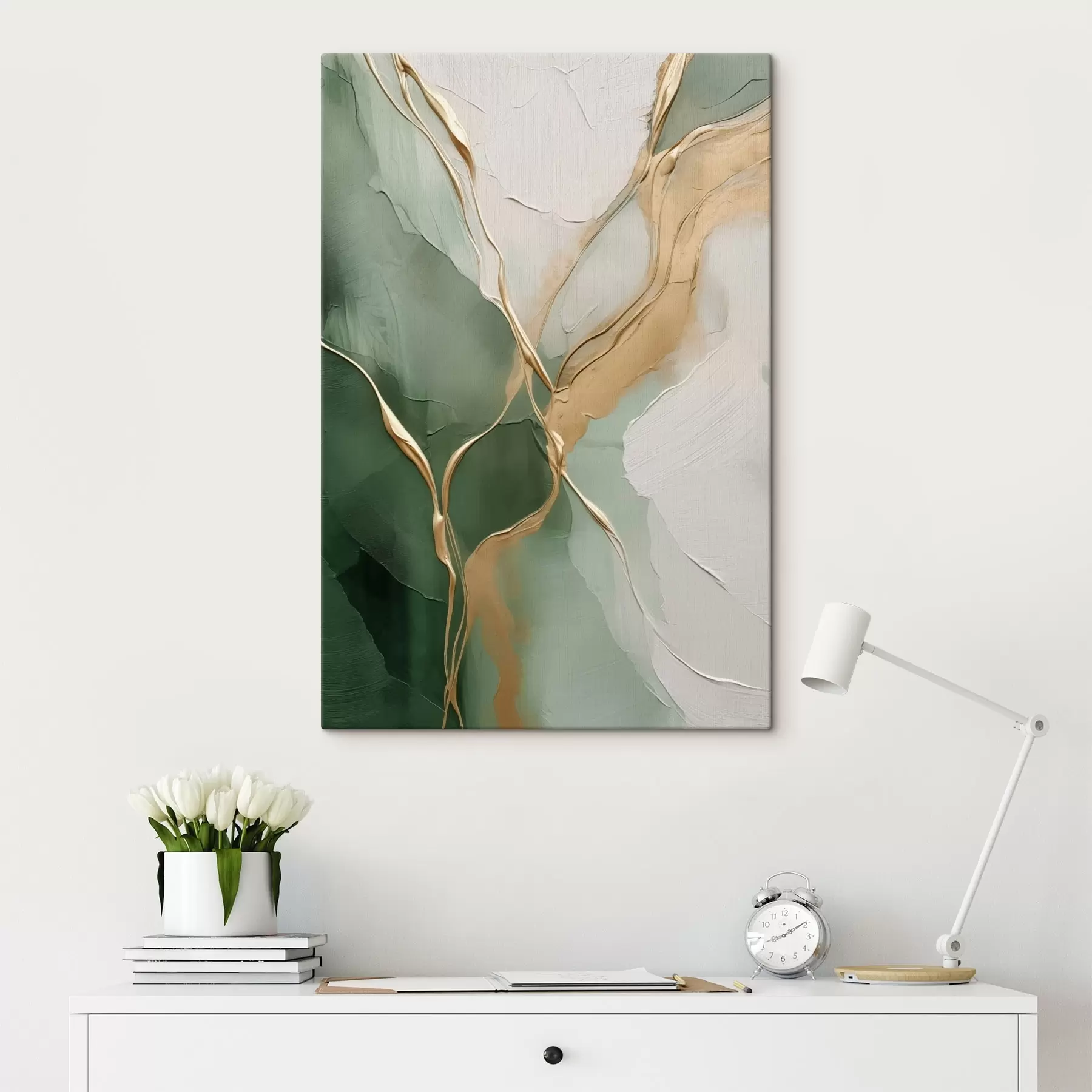 Tableau Abstraction émeraude-crème avec des ruissellements jaunes s45887