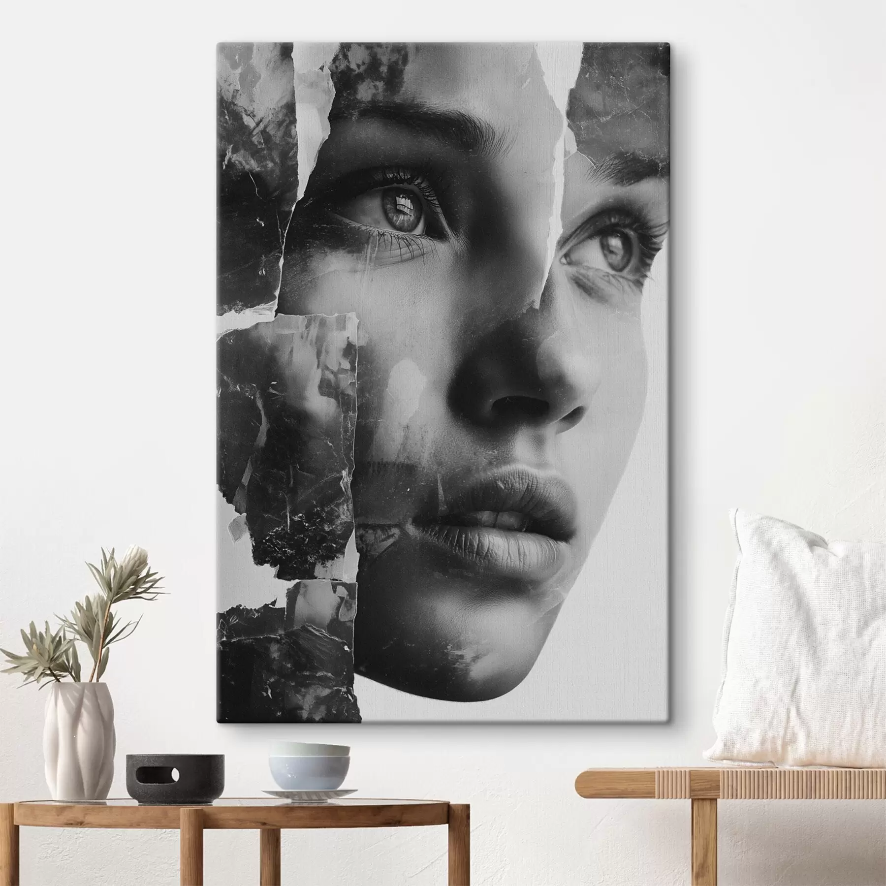 Tableau Portrait collage en noir et blanc avec des couches texturées déchirées s45898