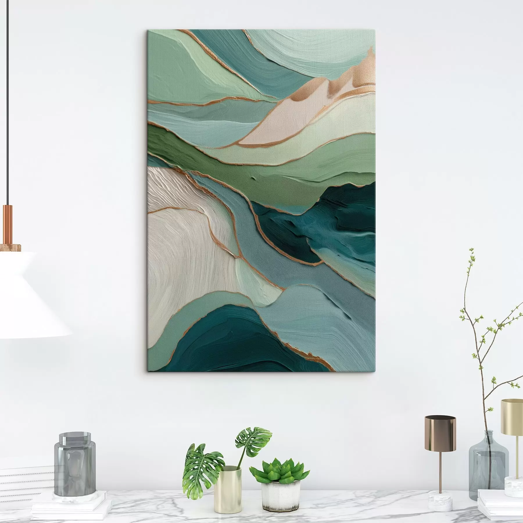 Tableau Abstraction verte en couches avec des lignes jaunes et de la profondeur s45902