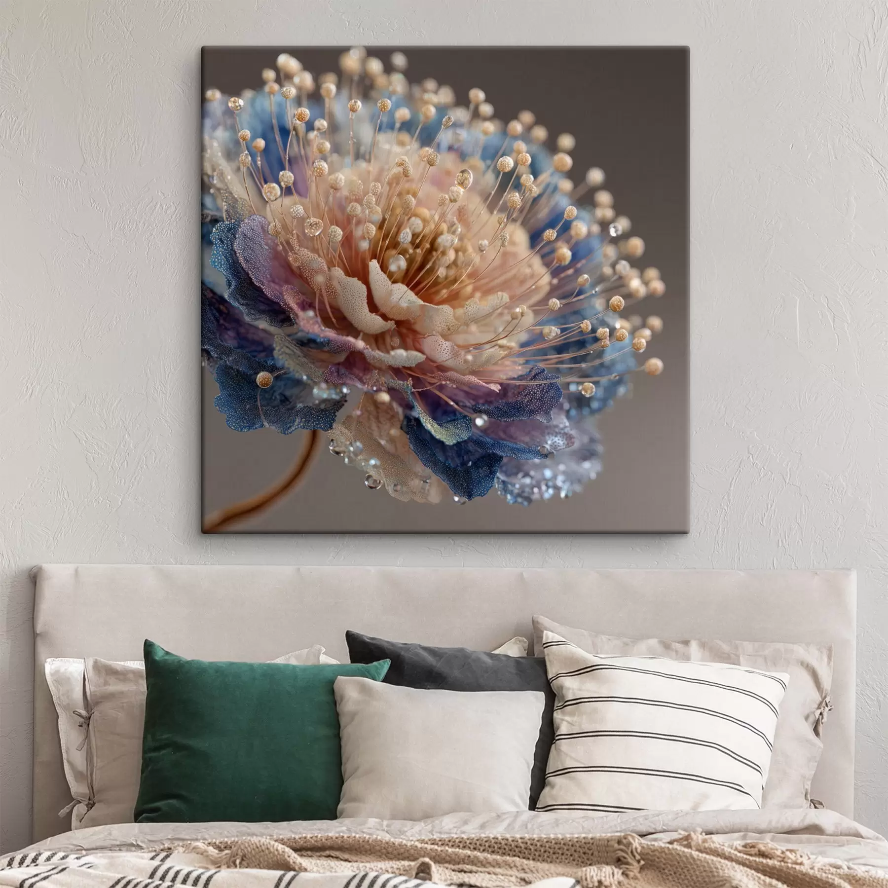 Tableau Fleur nacrée avec des gouttes de rosée, pétales couleur pêche et bleu s45911