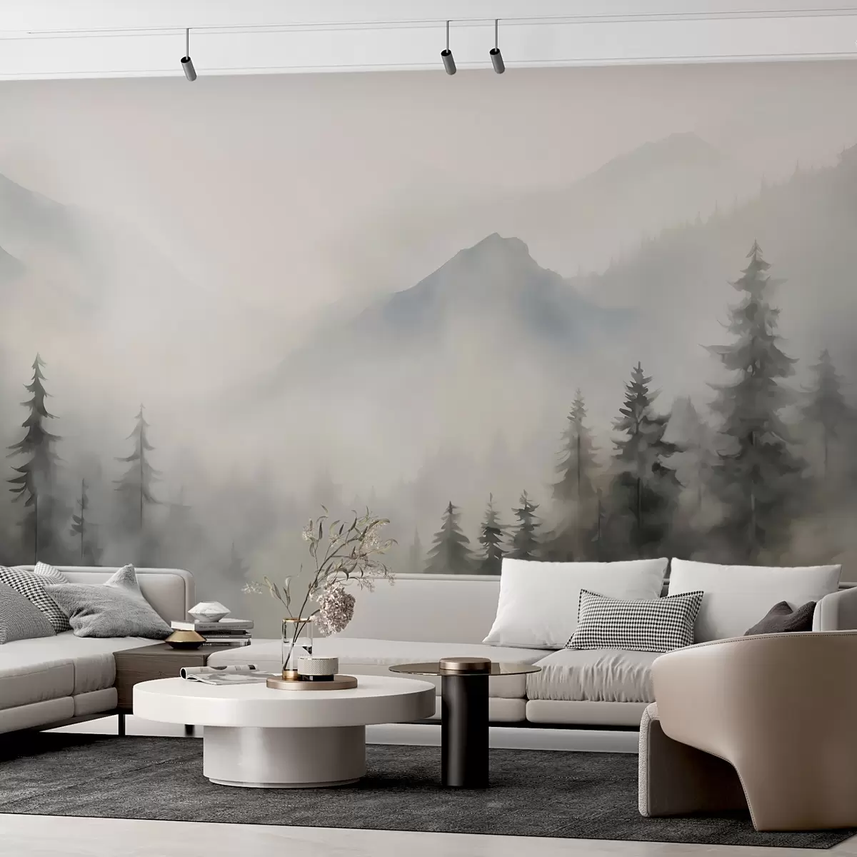 Papier peint Forêt dans le brouillard avec les montagnes en arrière-plan w04493