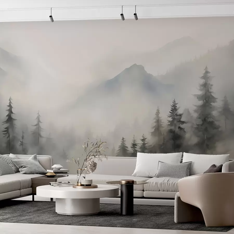 Papier peint Forêt dans le brouillard avec les montagnes en arrière-plan w04493