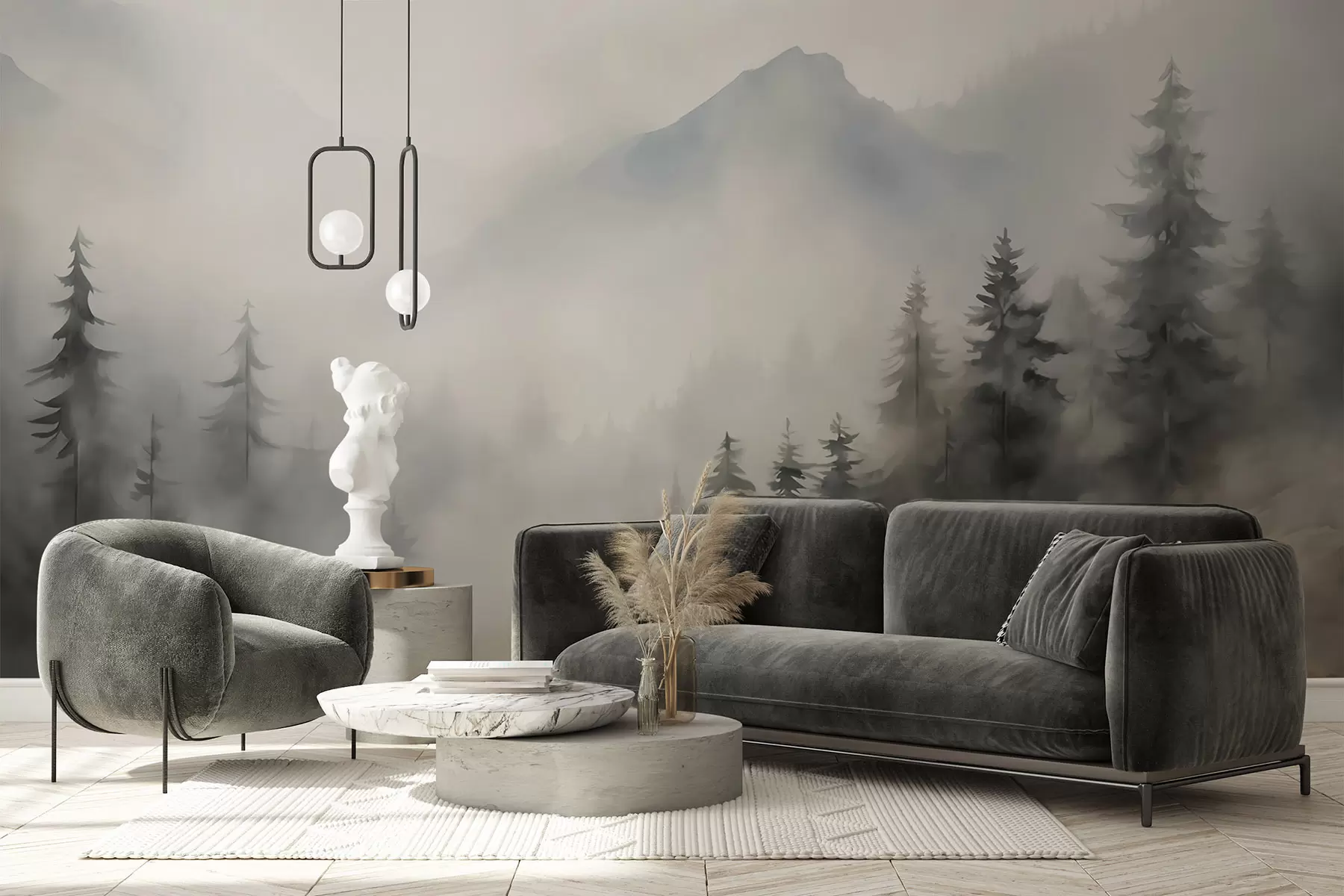 Papier peint Forêt dans le brouillard avec les montagnes en arrière-plan w04493