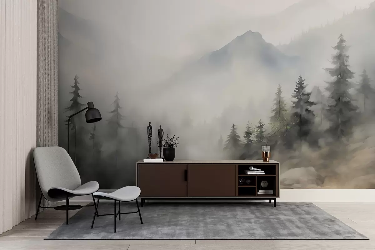 Papier peint Forêt dans le brouillard avec les montagnes en arrière-plan w04493