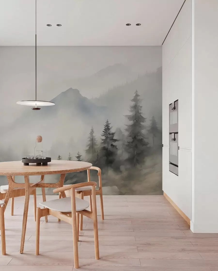 Papier peint Forêt dans le brouillard avec les montagnes en arrière-plan w04493