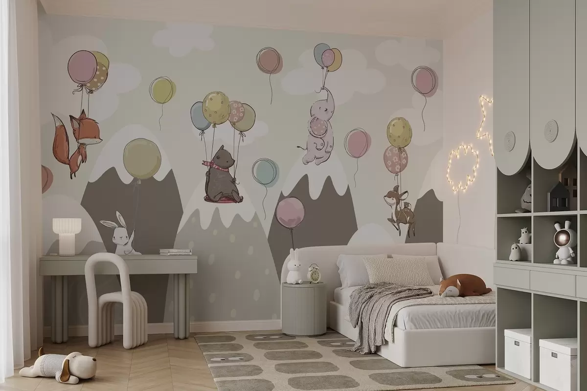 Papier peint Montagnes scandinaves pour enfants avec des animaux w04651