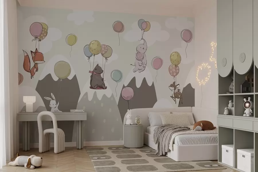 Papier peint Montagnes scandinaves pour enfants avec des animaux w04651