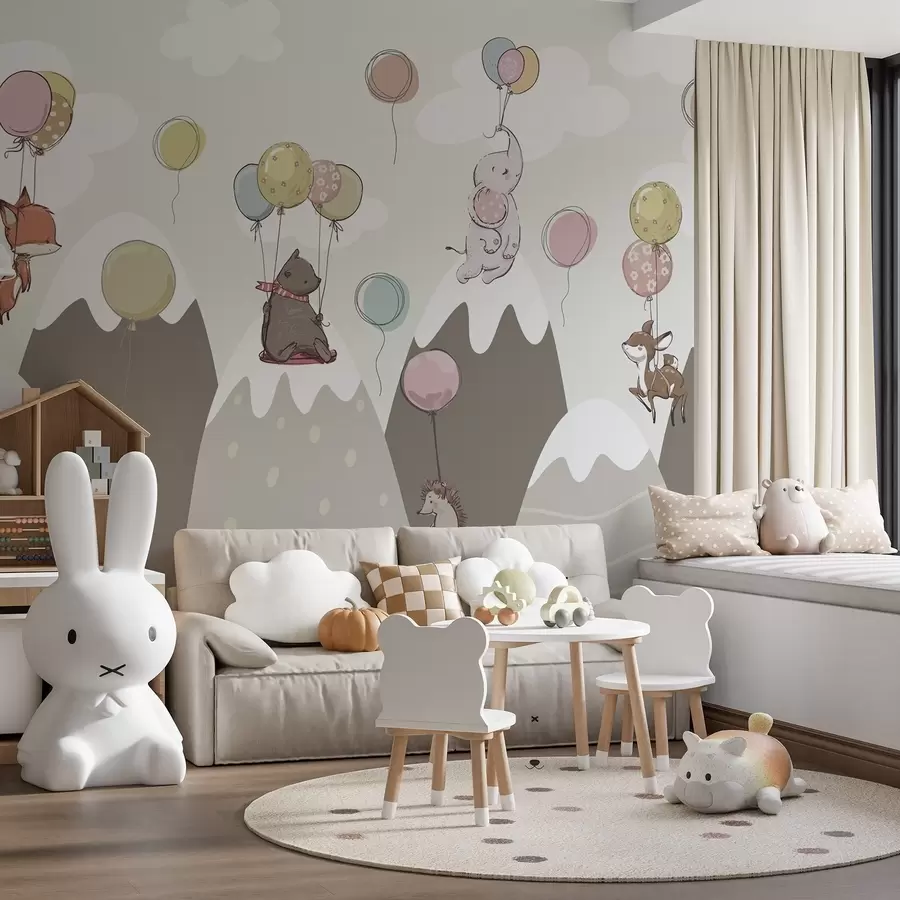 Papier peint Montagnes scandinaves pour enfants avec des animaux w04651