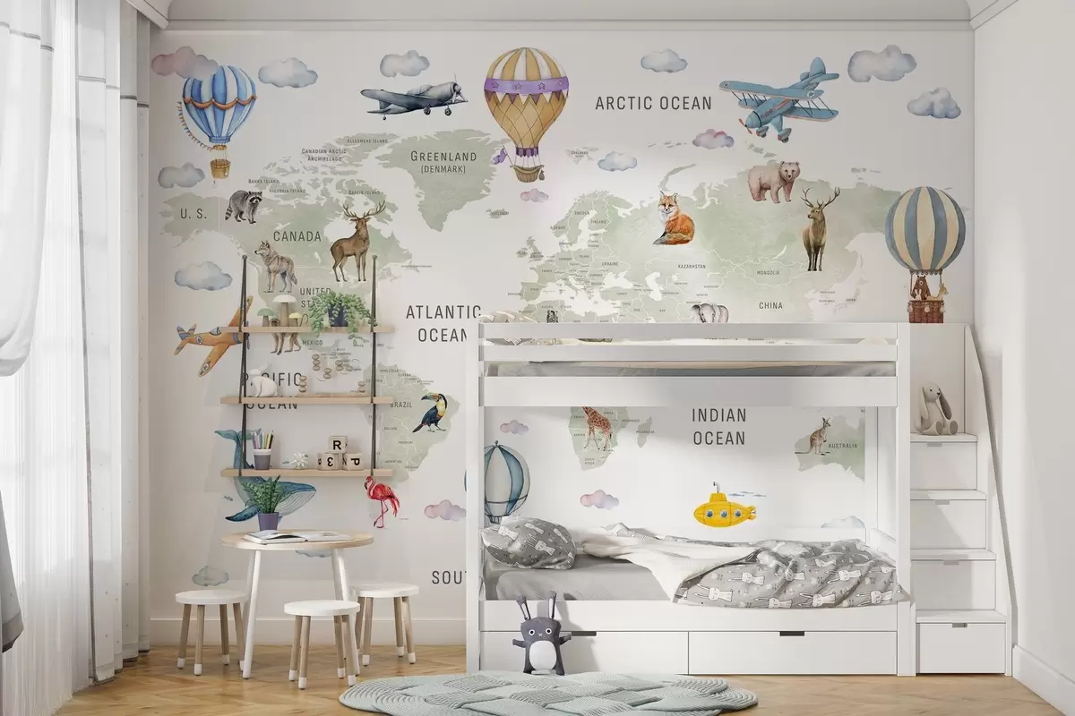 Papier peint Carte du monde pour enfants avec des animaux w04636