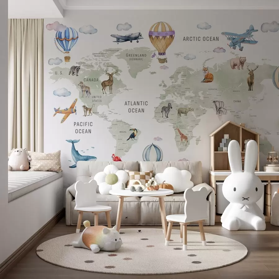 Papier peint Carte du monde pour enfants avec des animaux w04636