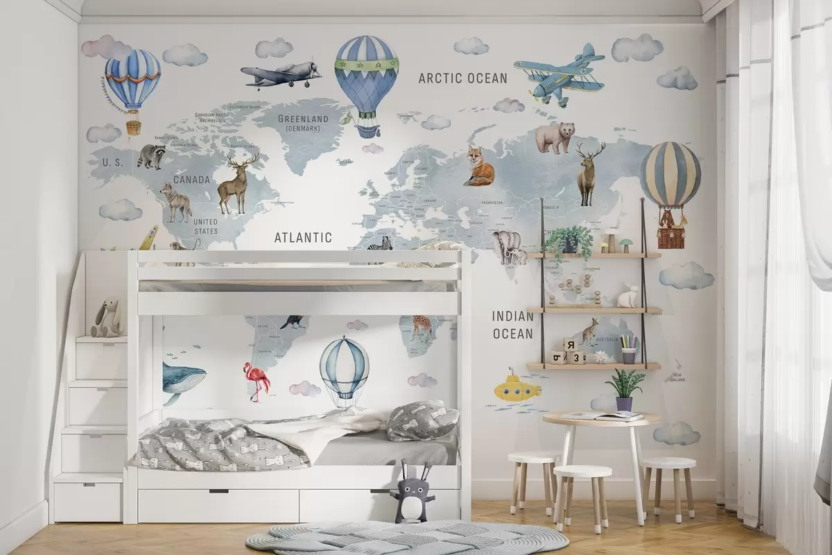 Papier peint Carte du monde pour enfants avec des animaux w04636v1