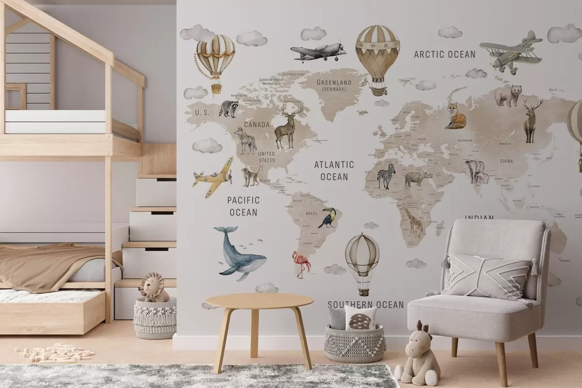 Papier peint Carte du monde pour enfants avec des animaux w04636v2
