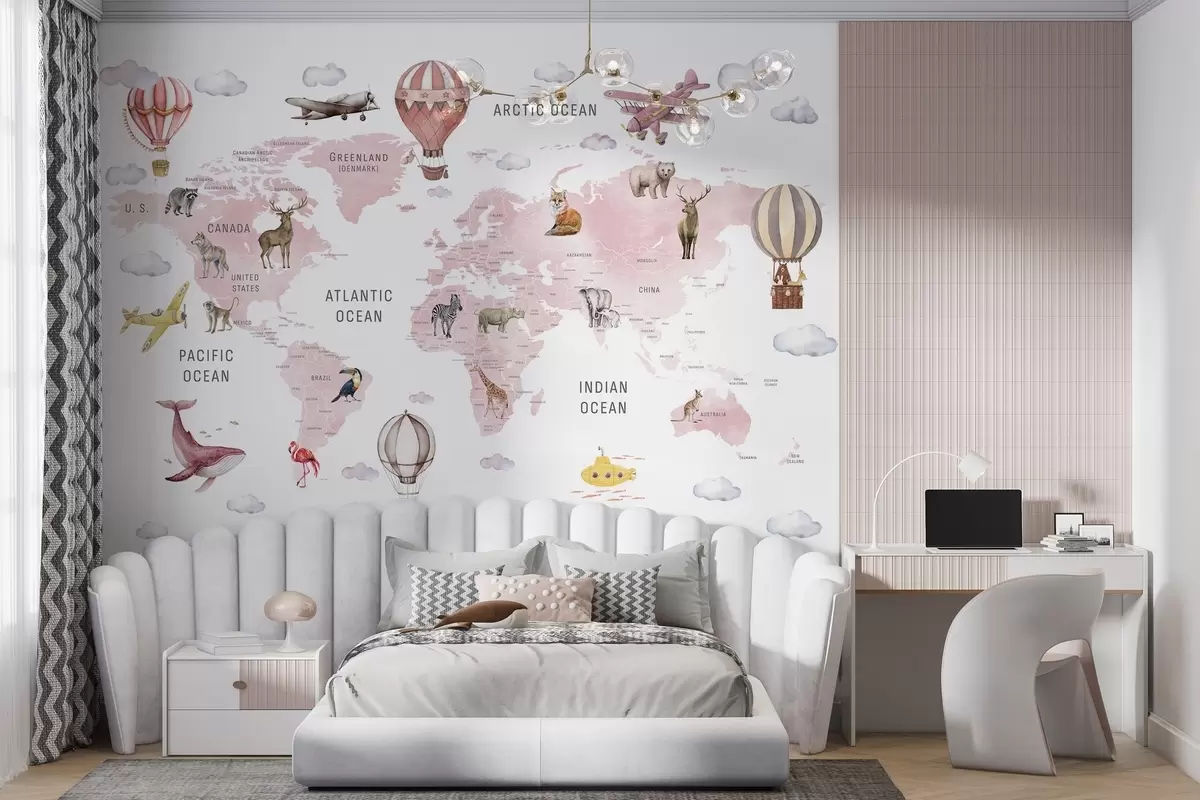 Papier peint Carte du monde pour enfants avec des animaux w04636v3