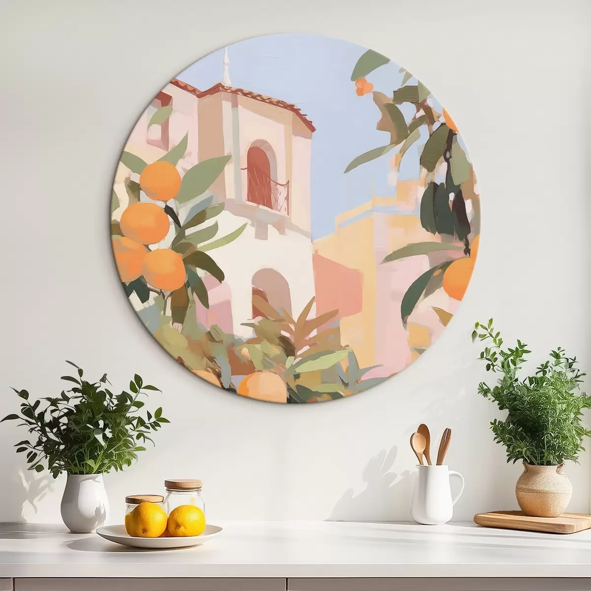 Tableaux rondes Des oranges sur une branche devant la maison r46060