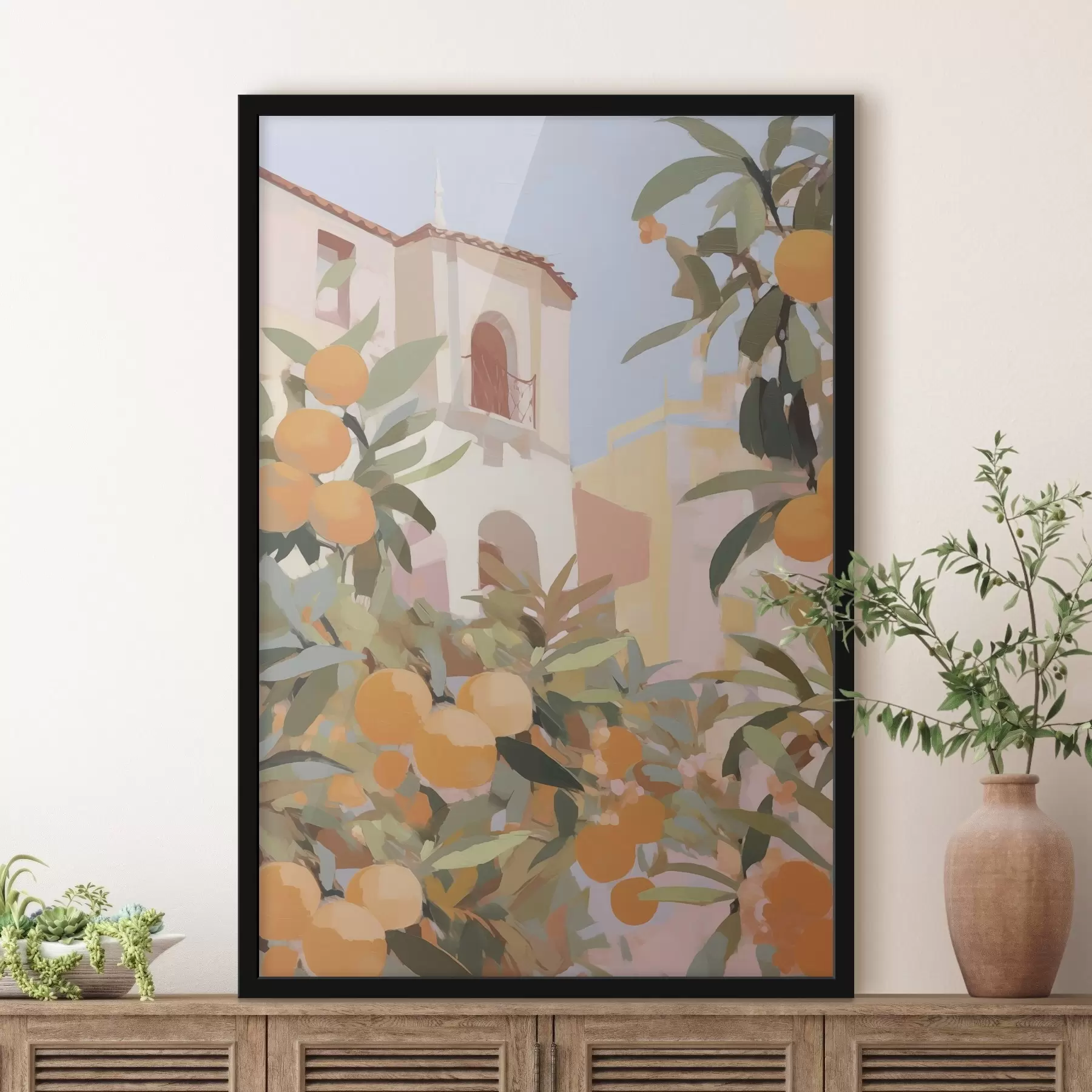 Papier peint Des oranges sur une branche devant la maison f46060