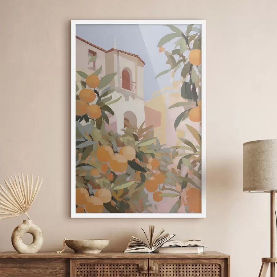 Papier peint Des oranges sur une branche devant la maison f46060