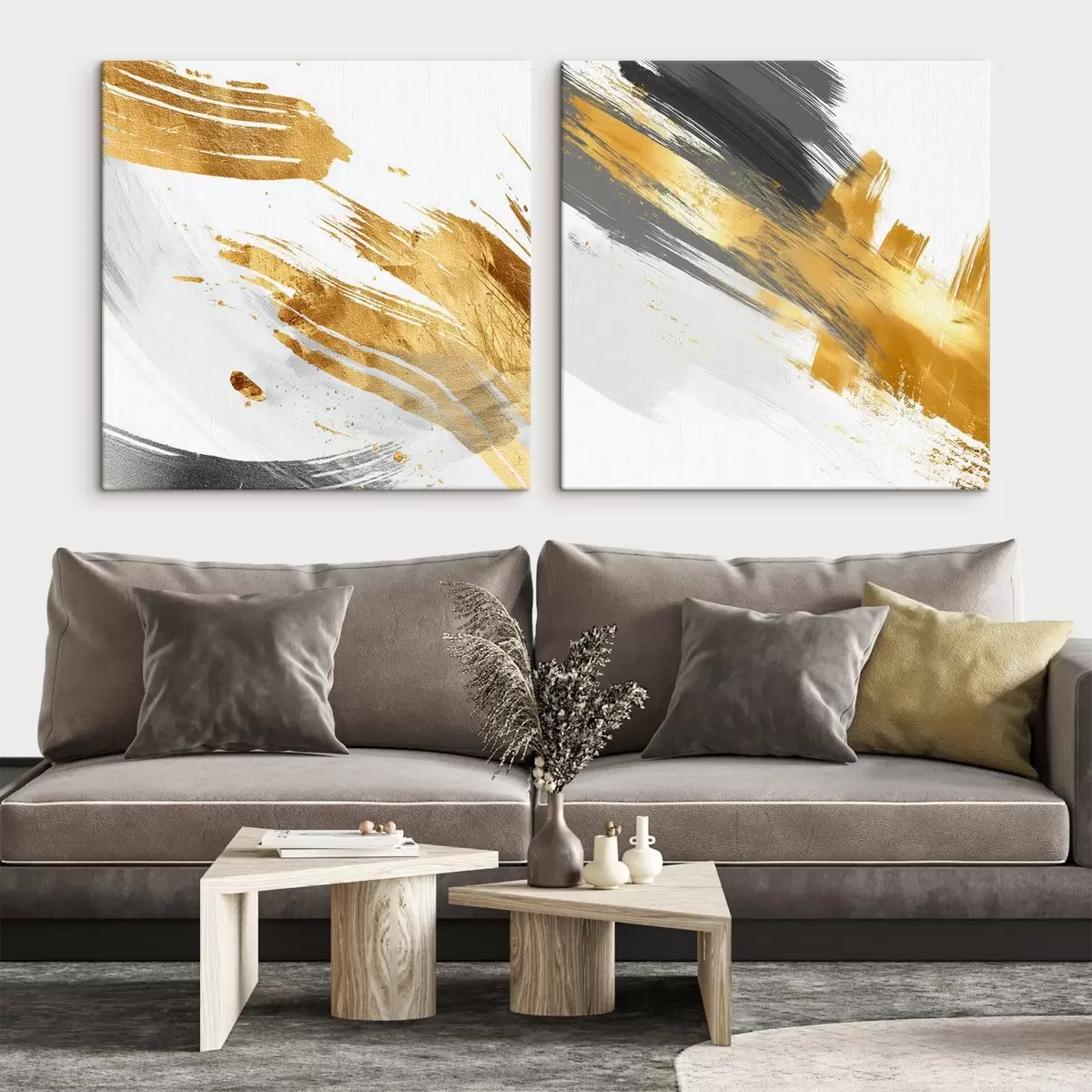 Tableau Abstraction dynamique avec des traits jaunes et gris m00748