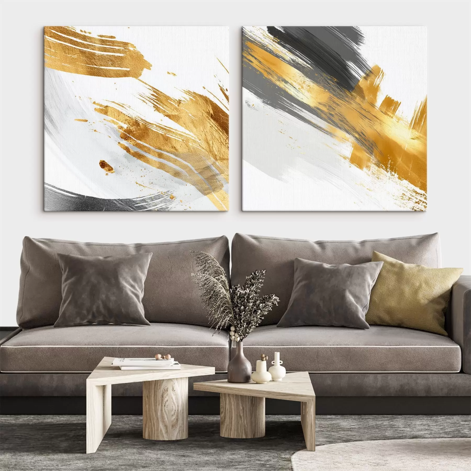 Tableau Abstraction dynamique avec des traits jaunes et gris m00748