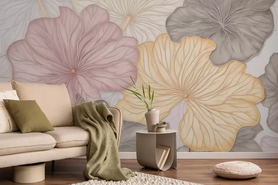 Papier peint Grandes feuilles pastel avec de fines nervures w04612