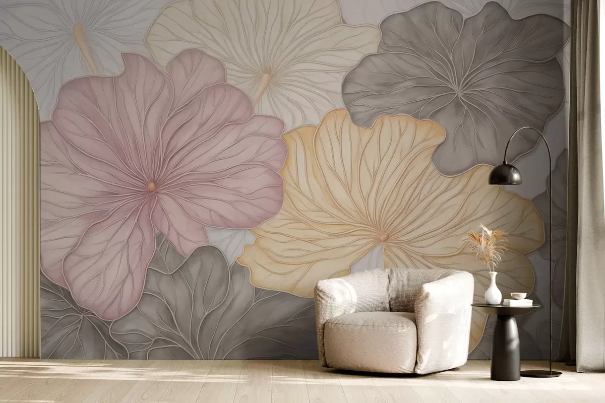 Papier peint Grandes feuilles pastel avec de fines nervures w04612