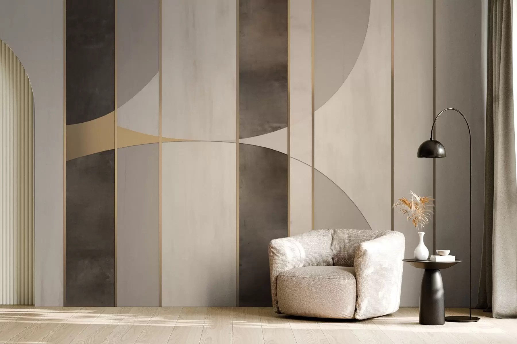 Papier peint Panneaux géométriques avec arcs et accents champagne w04616