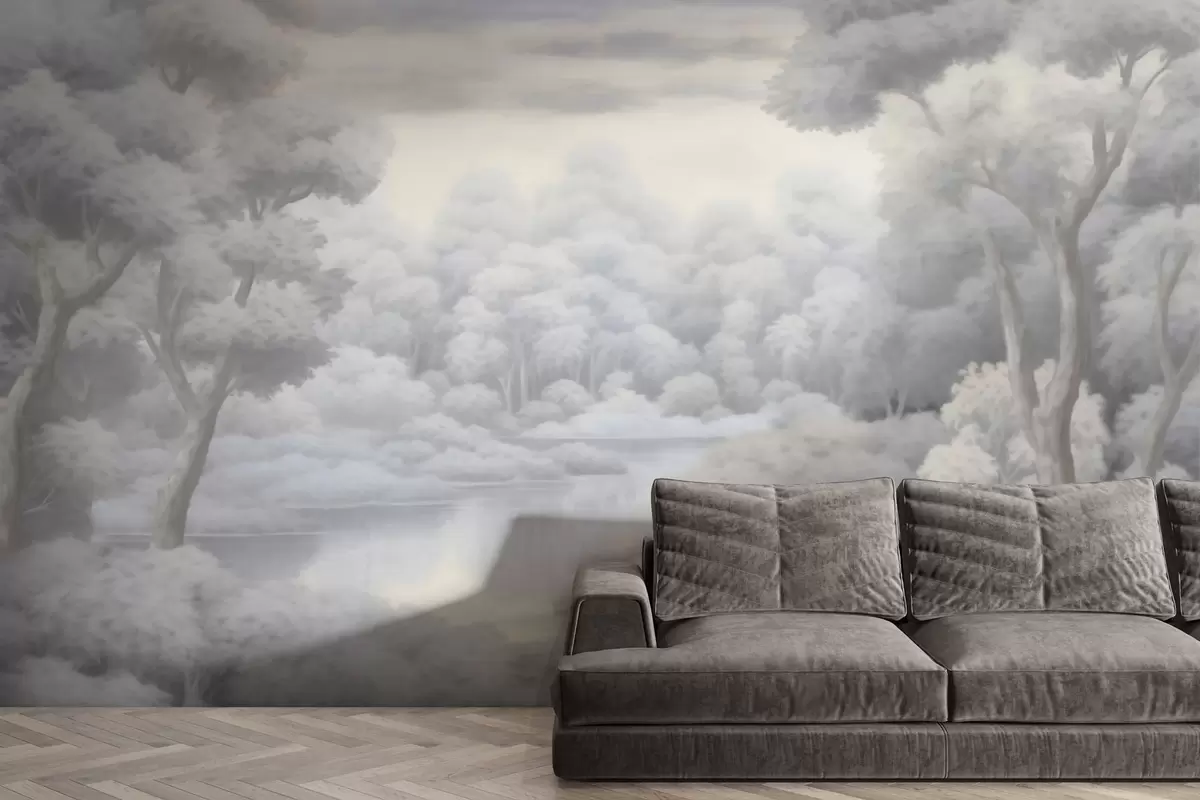 Papier peint Forêt brumeuse et lac dans des tons gris doux w04617