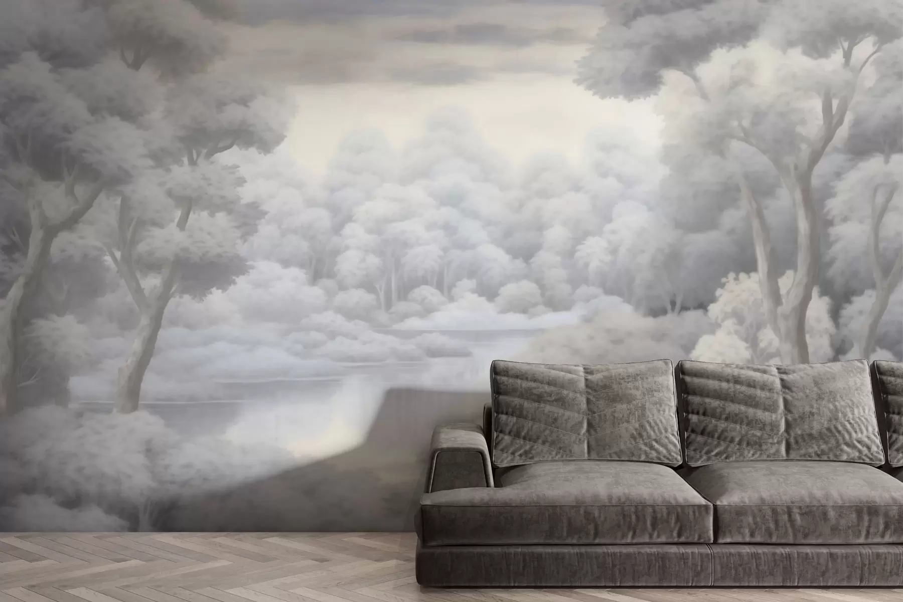 Papier peint Forêt brumeuse et lac dans des tons gris doux w04617
