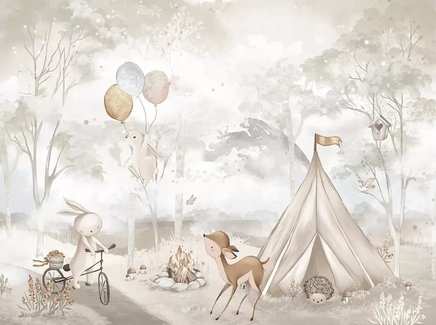Papier peint Camp pour enfants dans des tons beiges chauds, tente et animaux de la forêt w04671