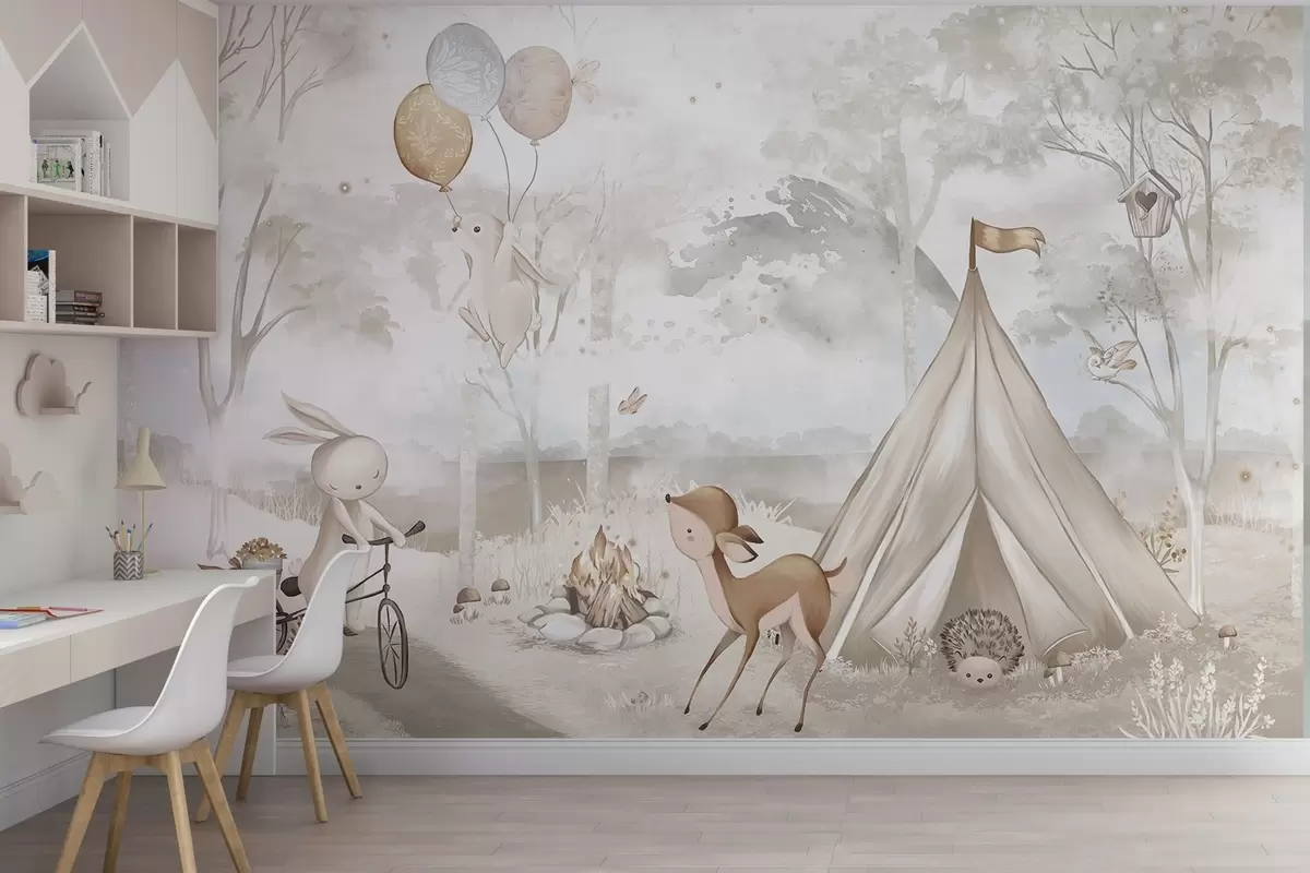 Papier peint Camp pour enfants dans des tons beiges chauds, tente et animaux de la forêt w04671
