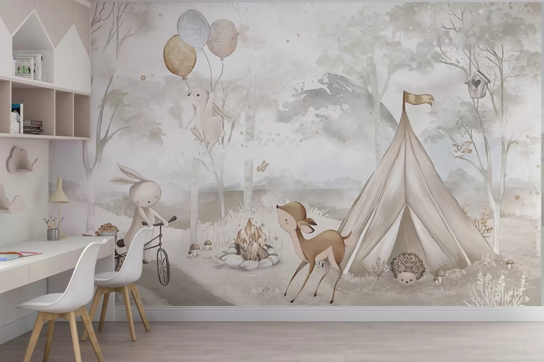 Papier peint Camp pour enfants dans des tons beiges chauds, tente et animaux de la forêt w04671