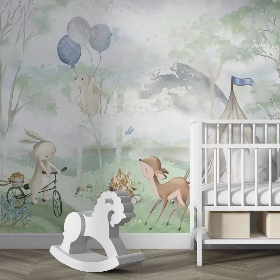 Papier peint Camp forestier pour enfants : lapins, faons, tente et feu de camp w04671v1