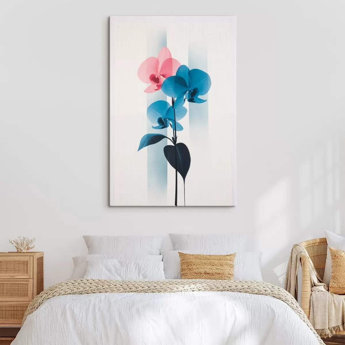 Tableau Orchidées avec feuilles sur fond blanc rayé verticalement s45925