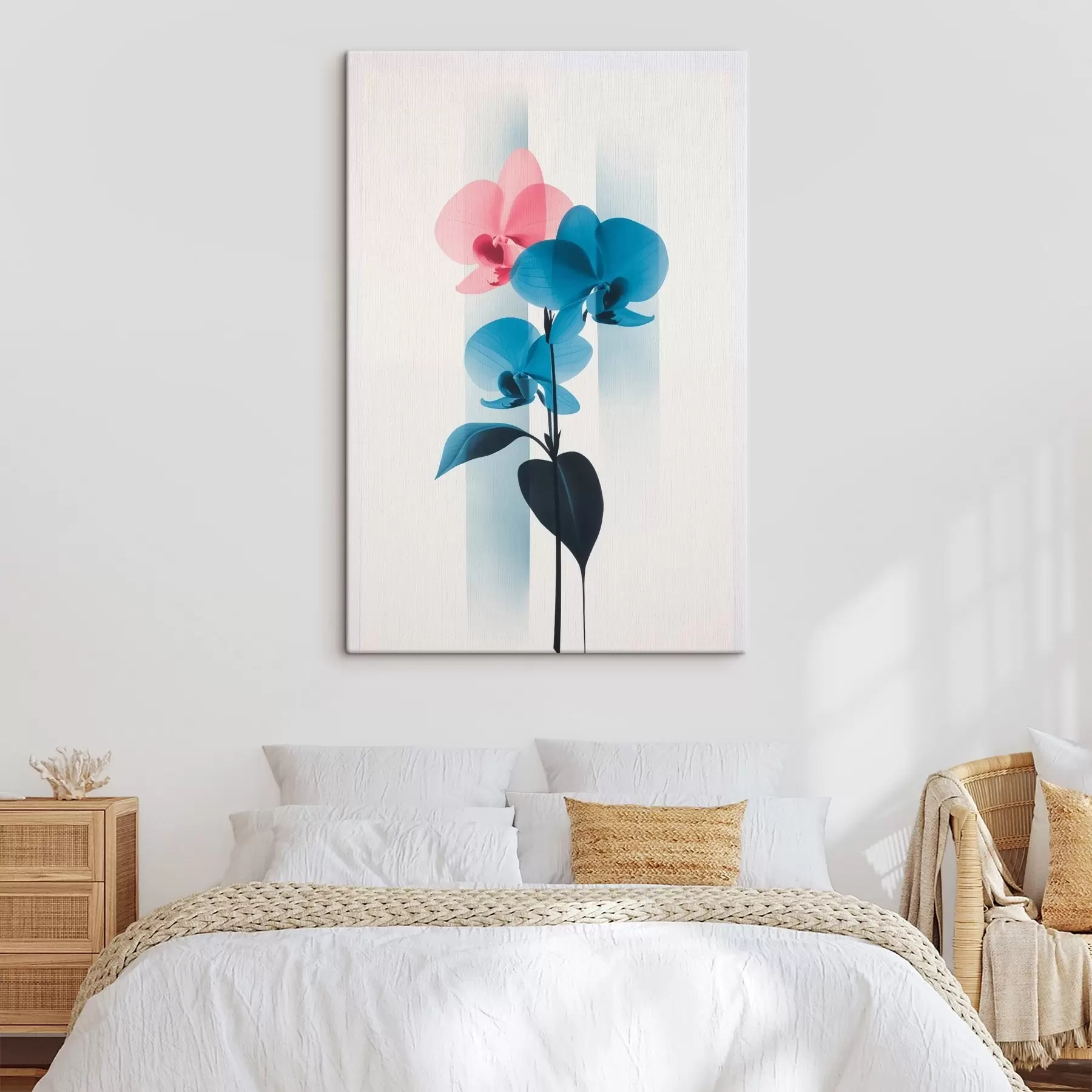 Tableau Orchidées avec feuilles sur fond blanc rayé verticalement s45925