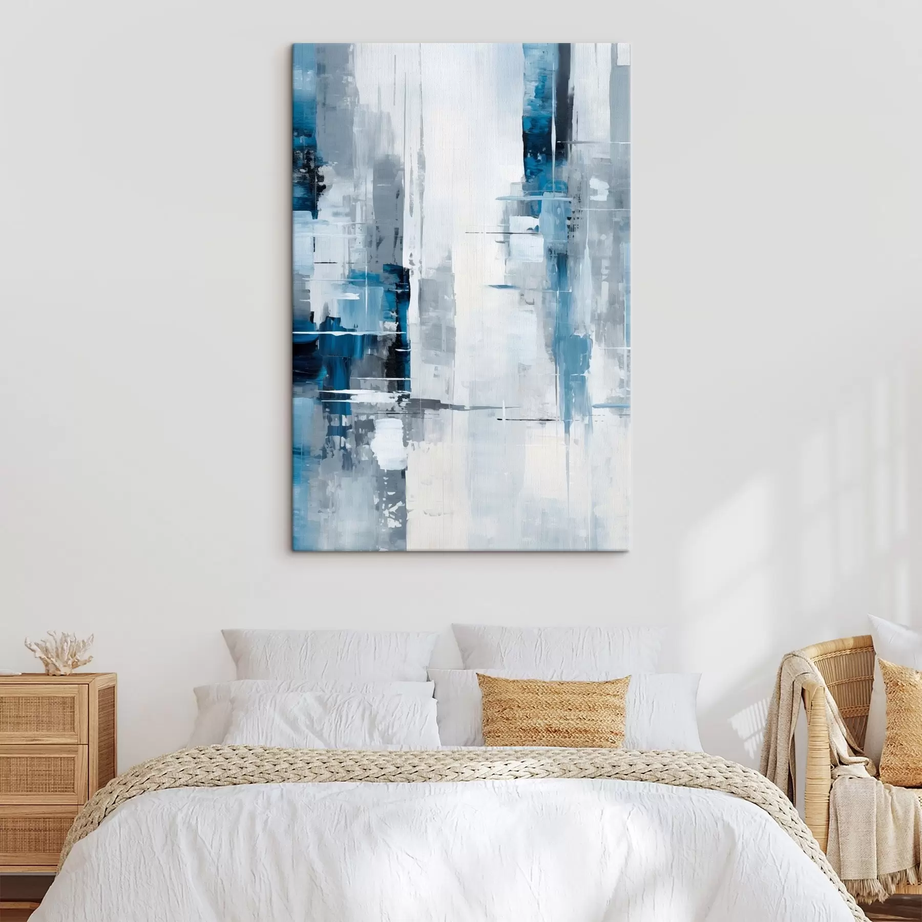 Tableau Imitation de peinture abstraite avec des couleurs bleues, grises et blanches, des lignes verticales et des formes géométriques s45926