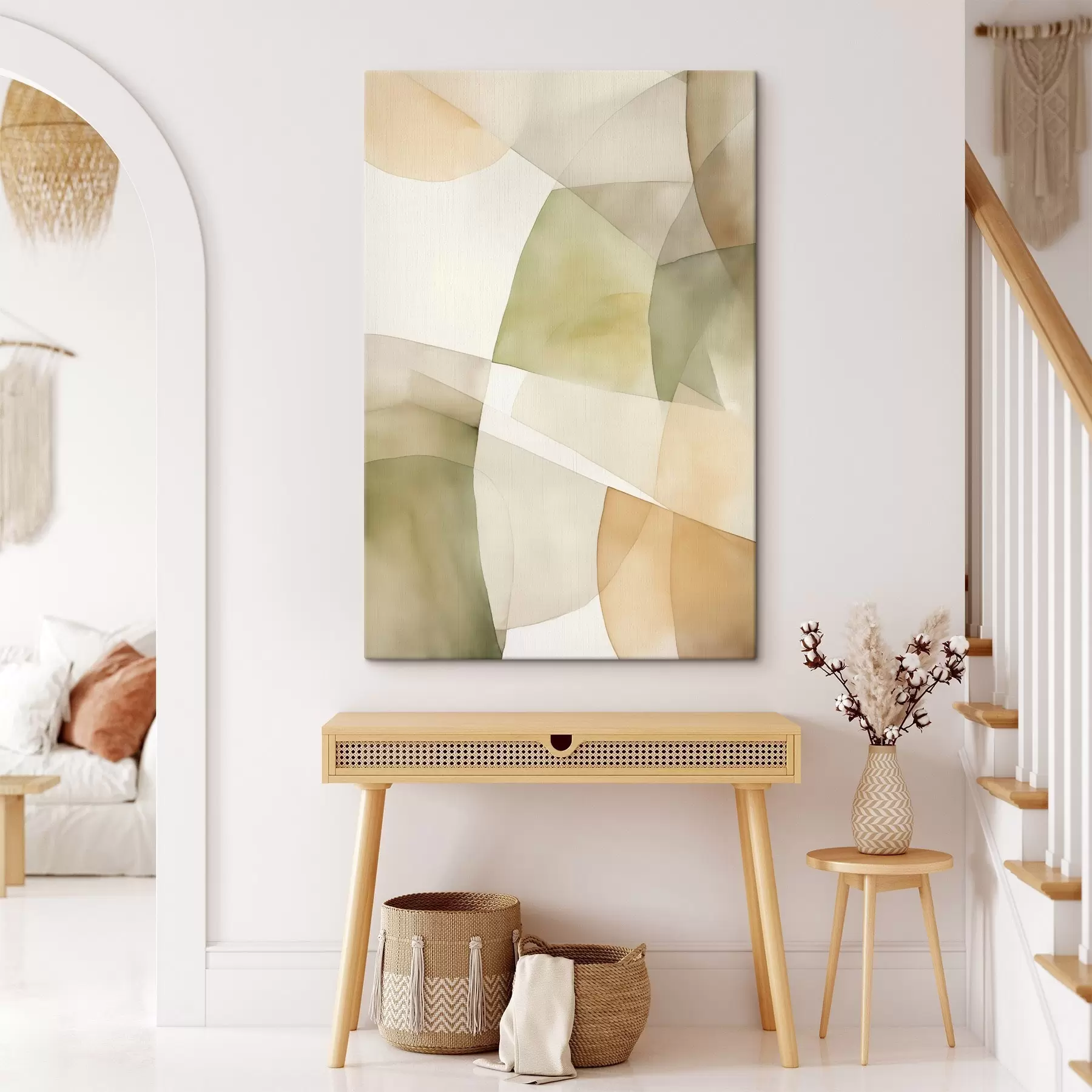 Tableau Formes géométriques abstraites texturées à l'aquarelle dans des tons de vert, marron et beige s45928