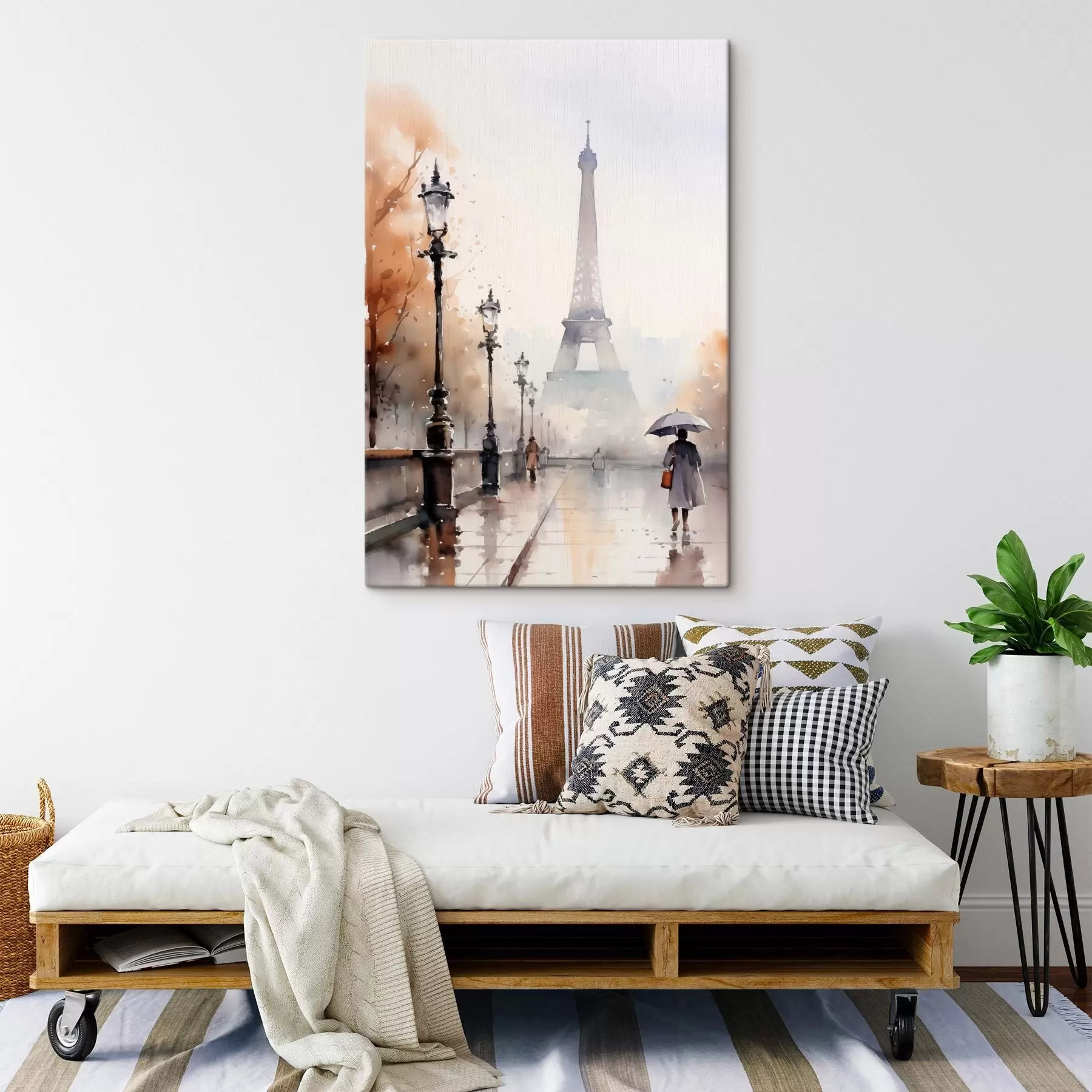 Tableau Une journée pluvieuse à Paris avec la tour Eiffel en arrière-plan et des lampadaires vintage s45930
