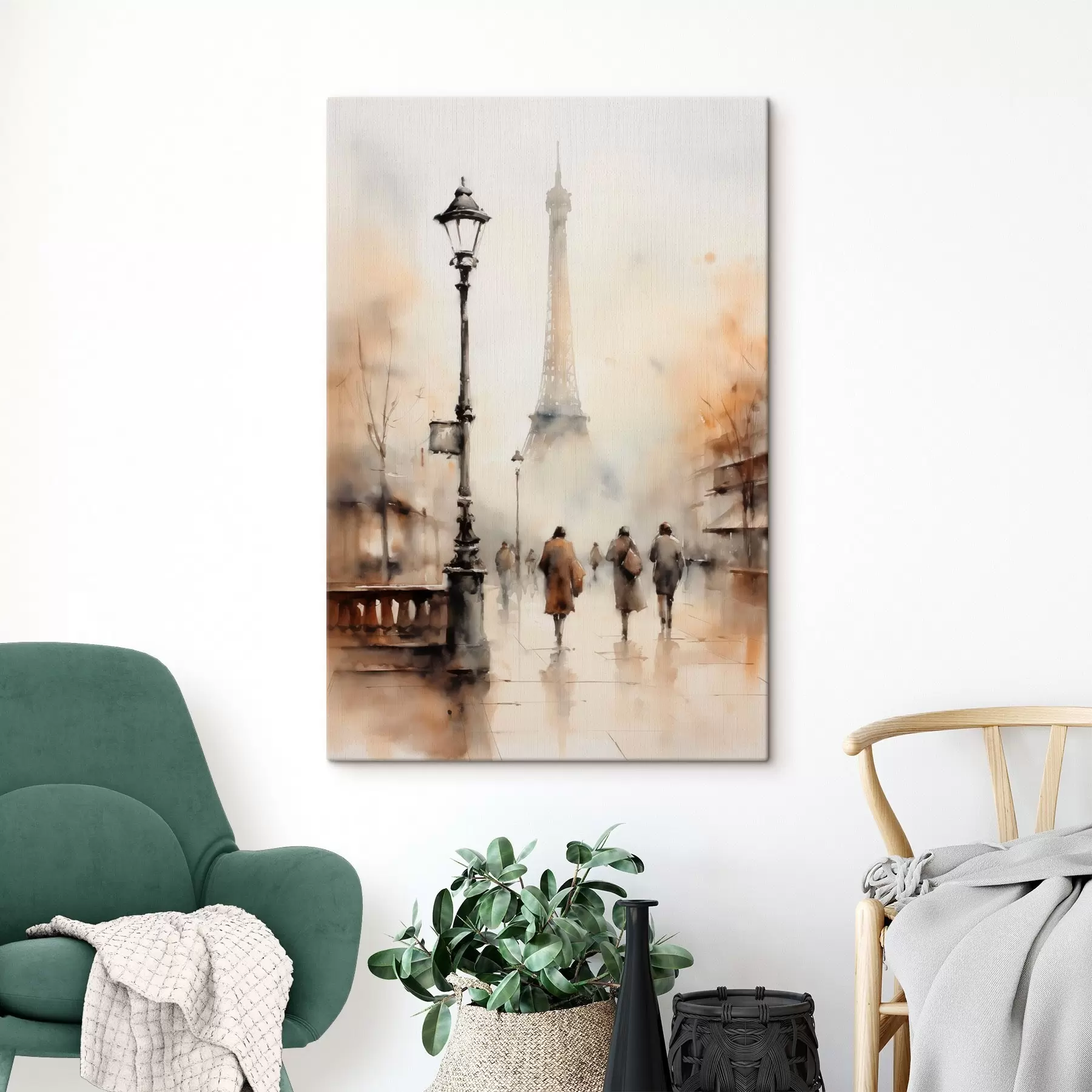 Tableau Une journée pluvieuse d'automne à Paris avec la Tour Eiffel en arrière-plan et des lampadaires vintage s45931