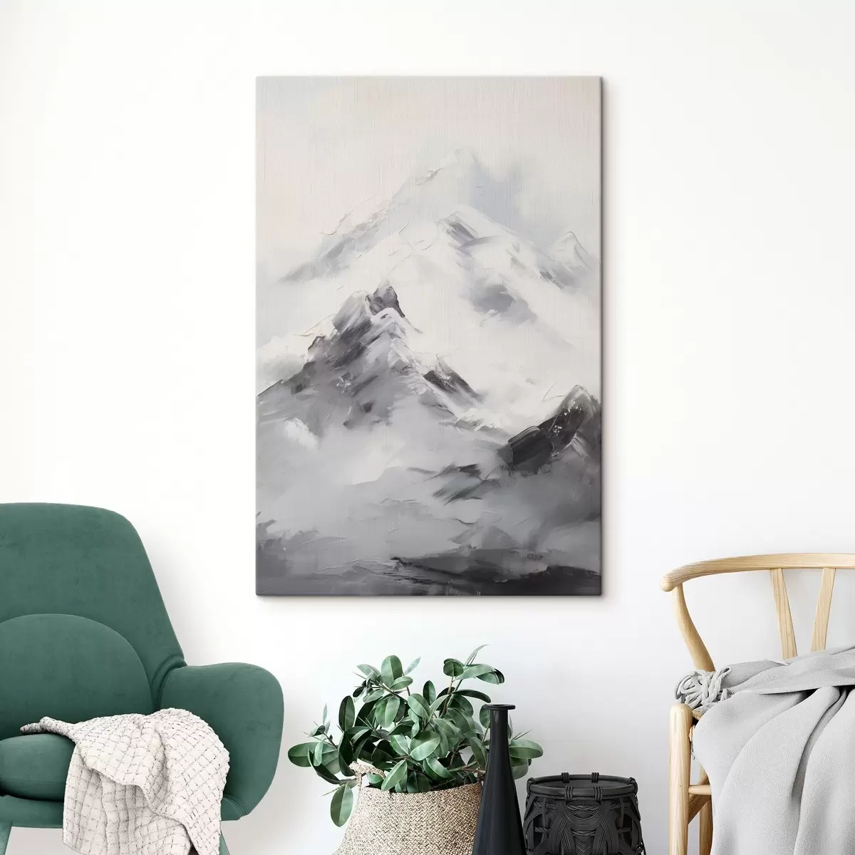 Tableau Sommets enneigés avec des ombres grises, ciel gris, coups de pinceau, texturé, minimaliste s45933