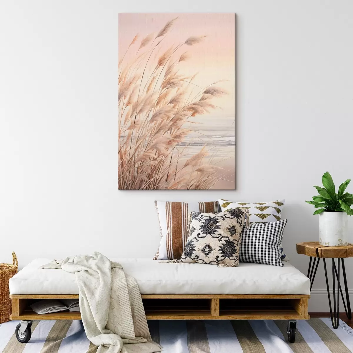 Tableau Herbe de la pampa avec une palette de couleurs orange pastel, un ciel rose pâle, un paysage paisible s45934