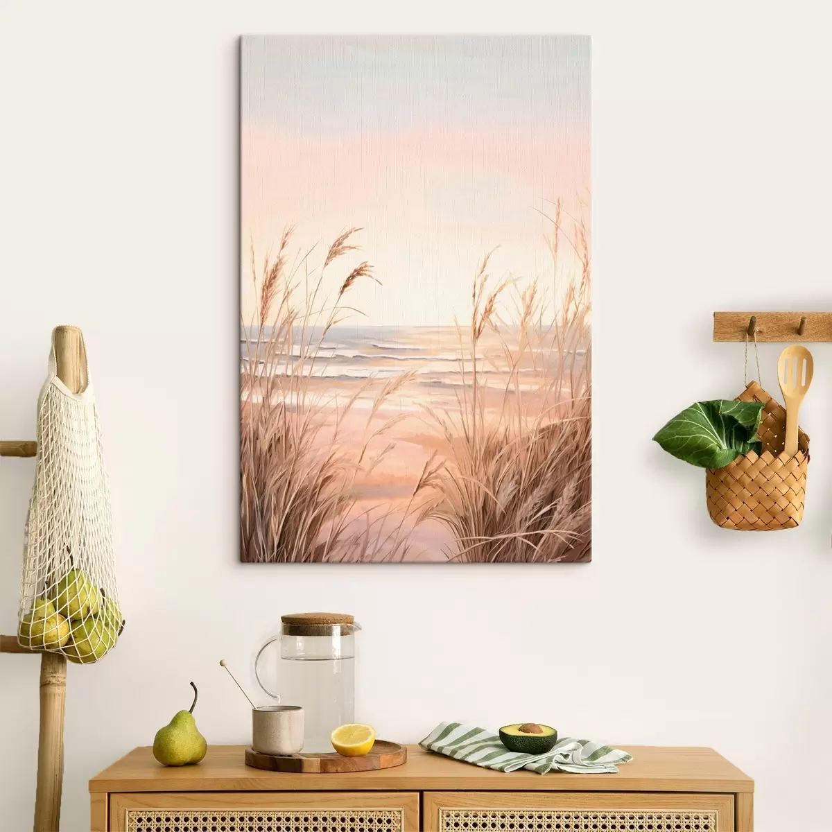 Tableau Herbe de la pampa avec une palette de couleurs orange pastel, un ciel rose pâle, un paysage paisible s45935