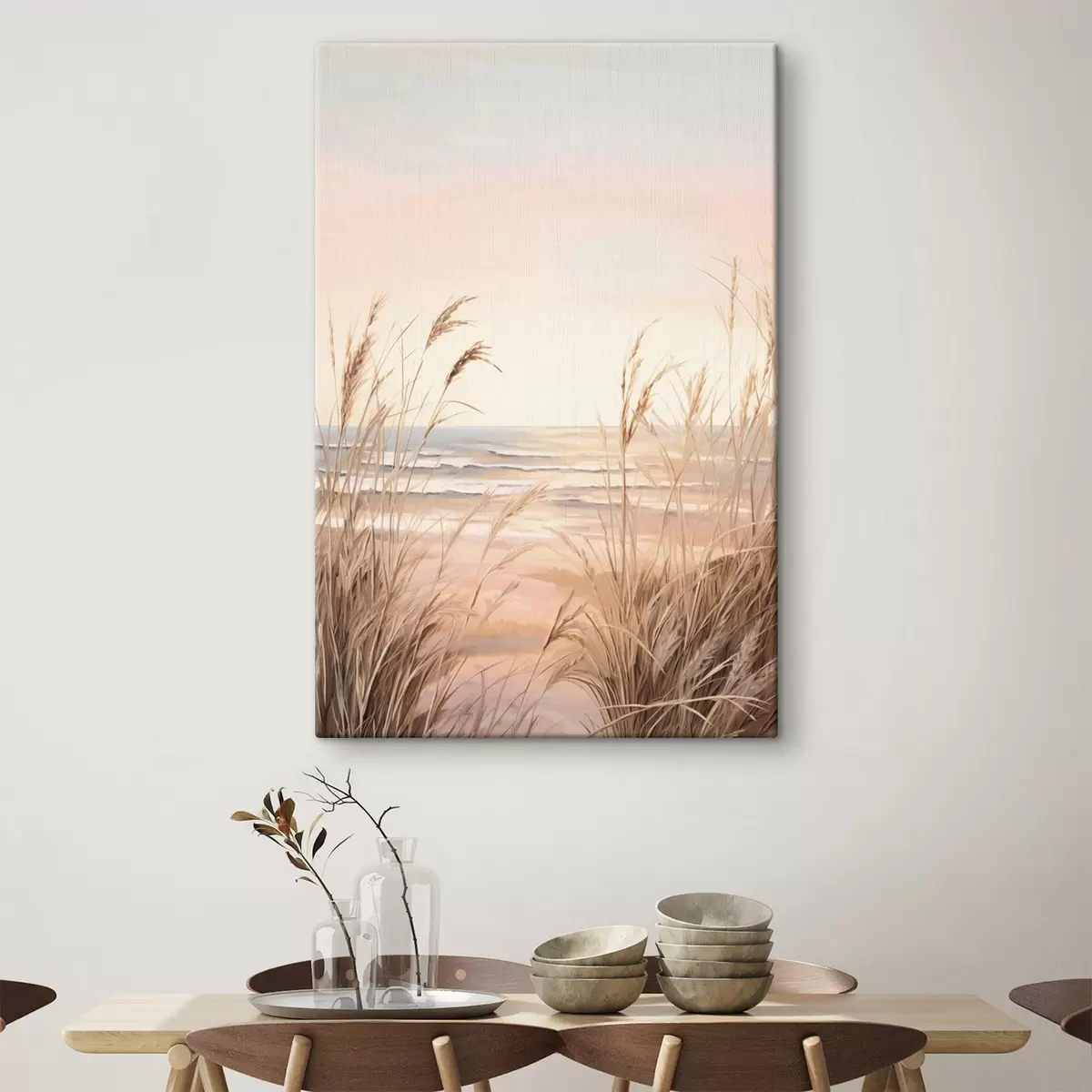 Tableau Herbe de la pampa avec une palette de couleurs orange pastel, un ciel rose pâle, un paysage paisible s45935