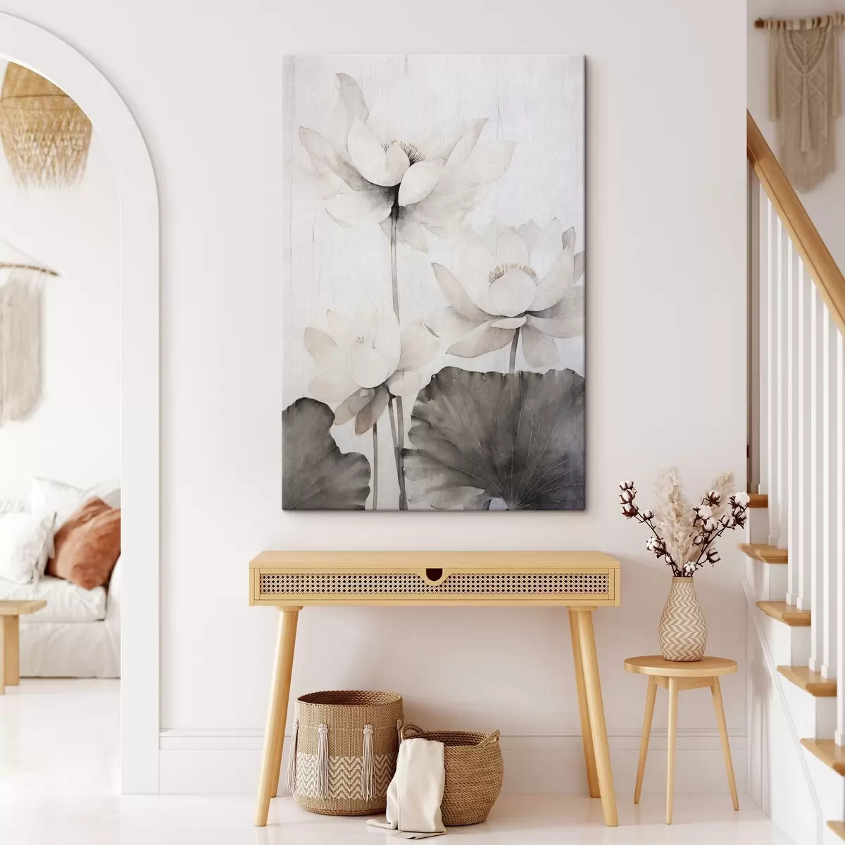 Tableau Fleurs de lotus blanches texturées avec des feuilles foncées, fond clair, design minimaliste s45936