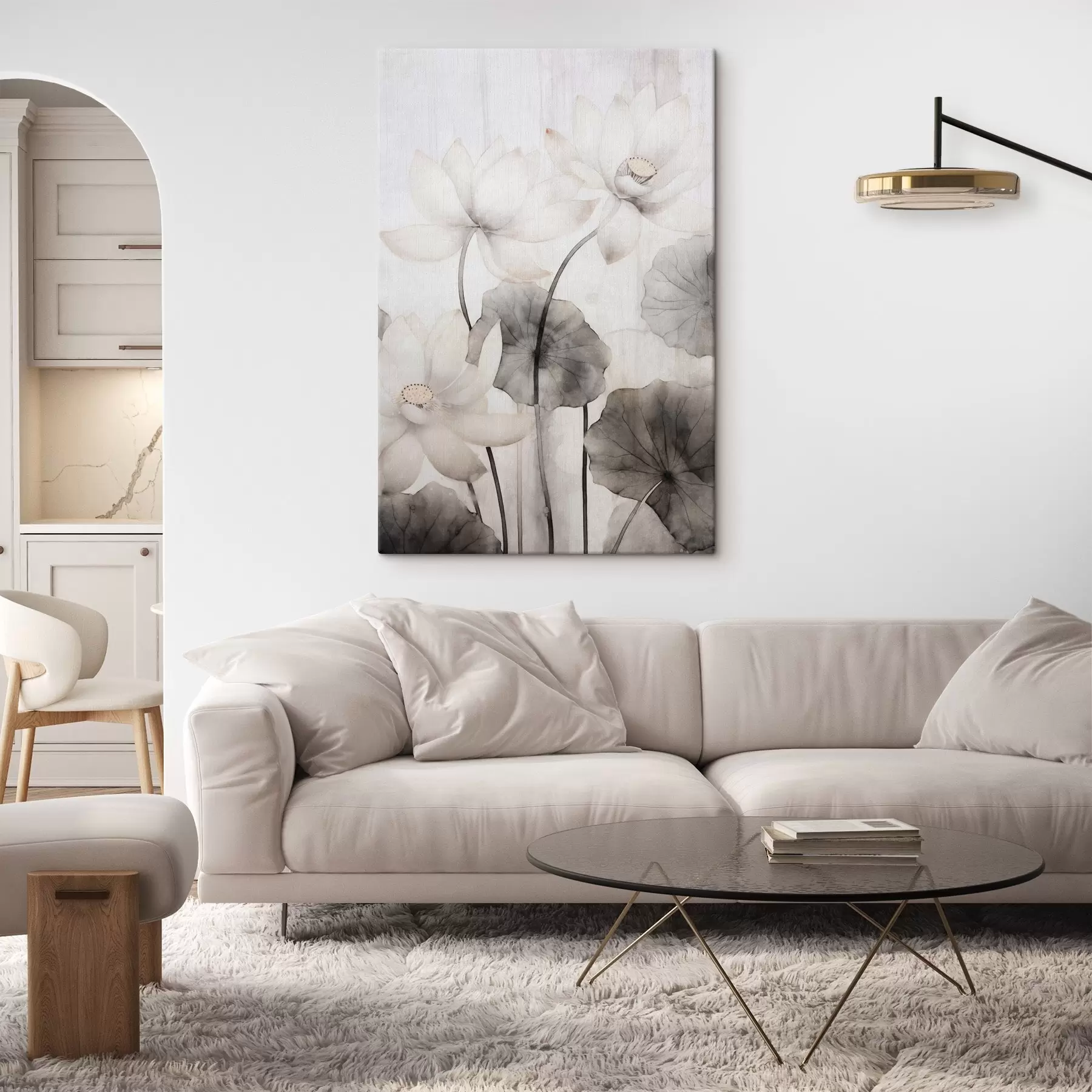 Tableau Fleurs de lotus blanches texturées avec des feuilles foncées, fond clair, design minimaliste s45937