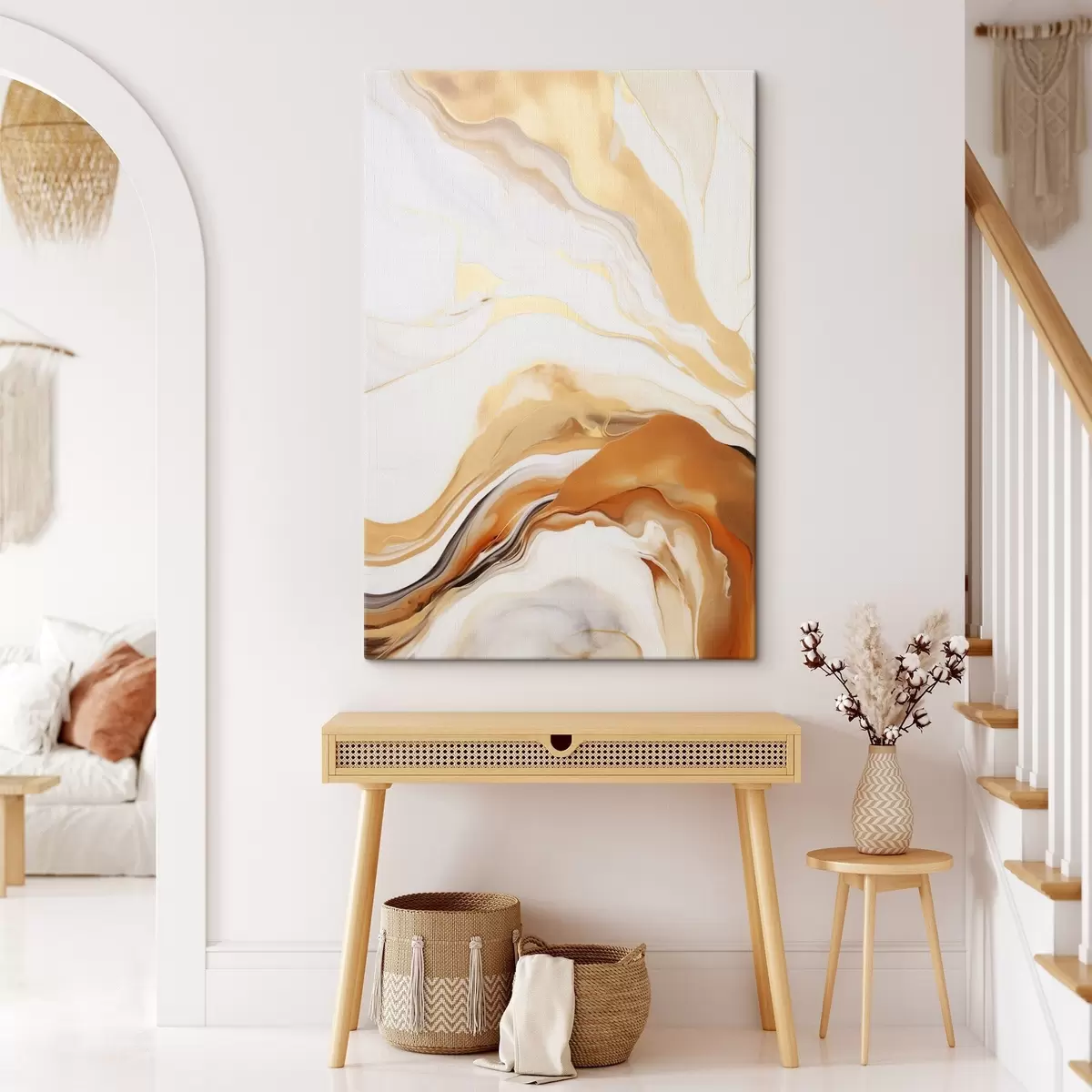 Tableau Imitation de peinture abstraite avec des formes fluides dans des tons de blanc, orange et marron, minimaliste s45938