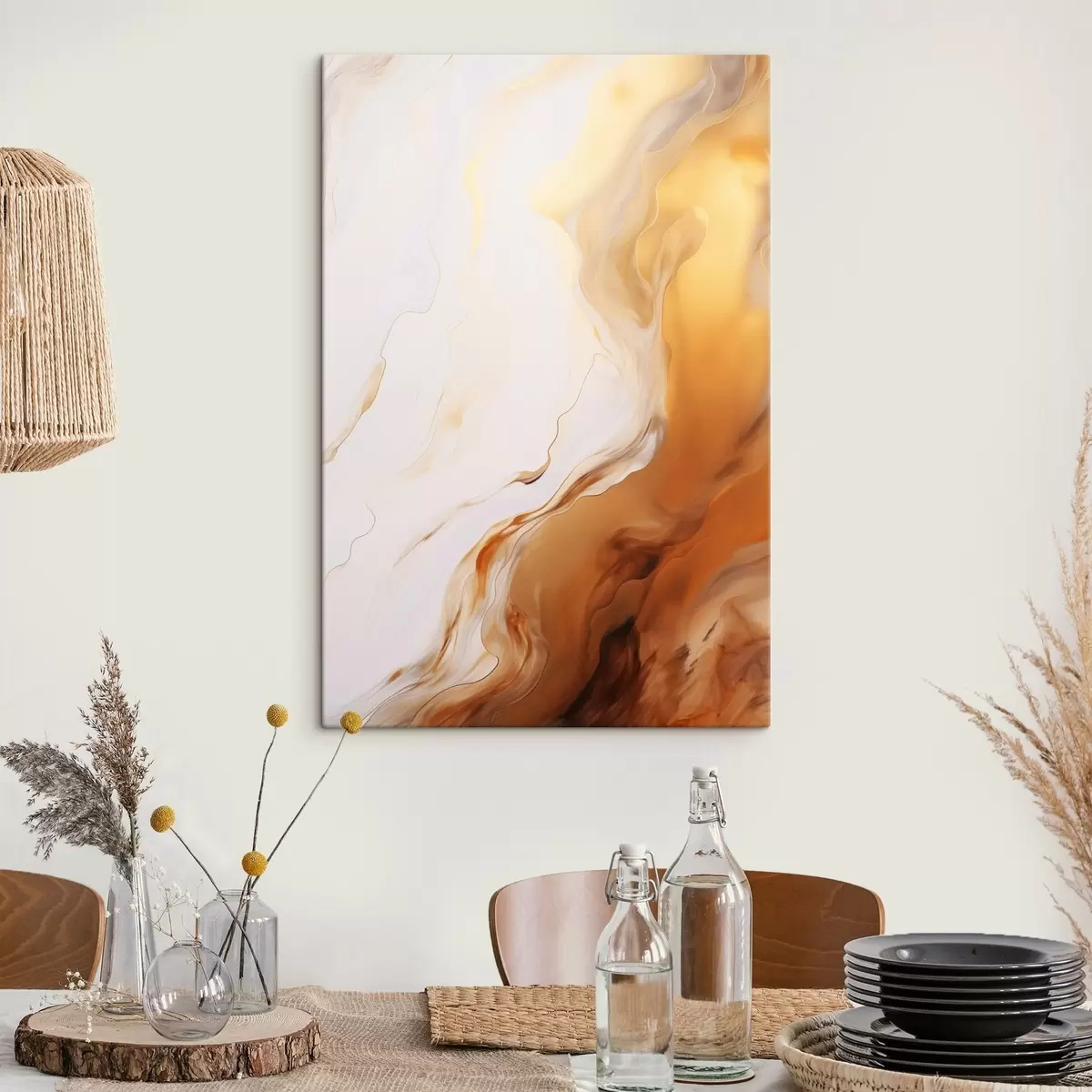 Tableau Imitation de peinture abstraite avec des couleurs blanches et orange, art fluide avec des lignes ondulées, art moderne s45939